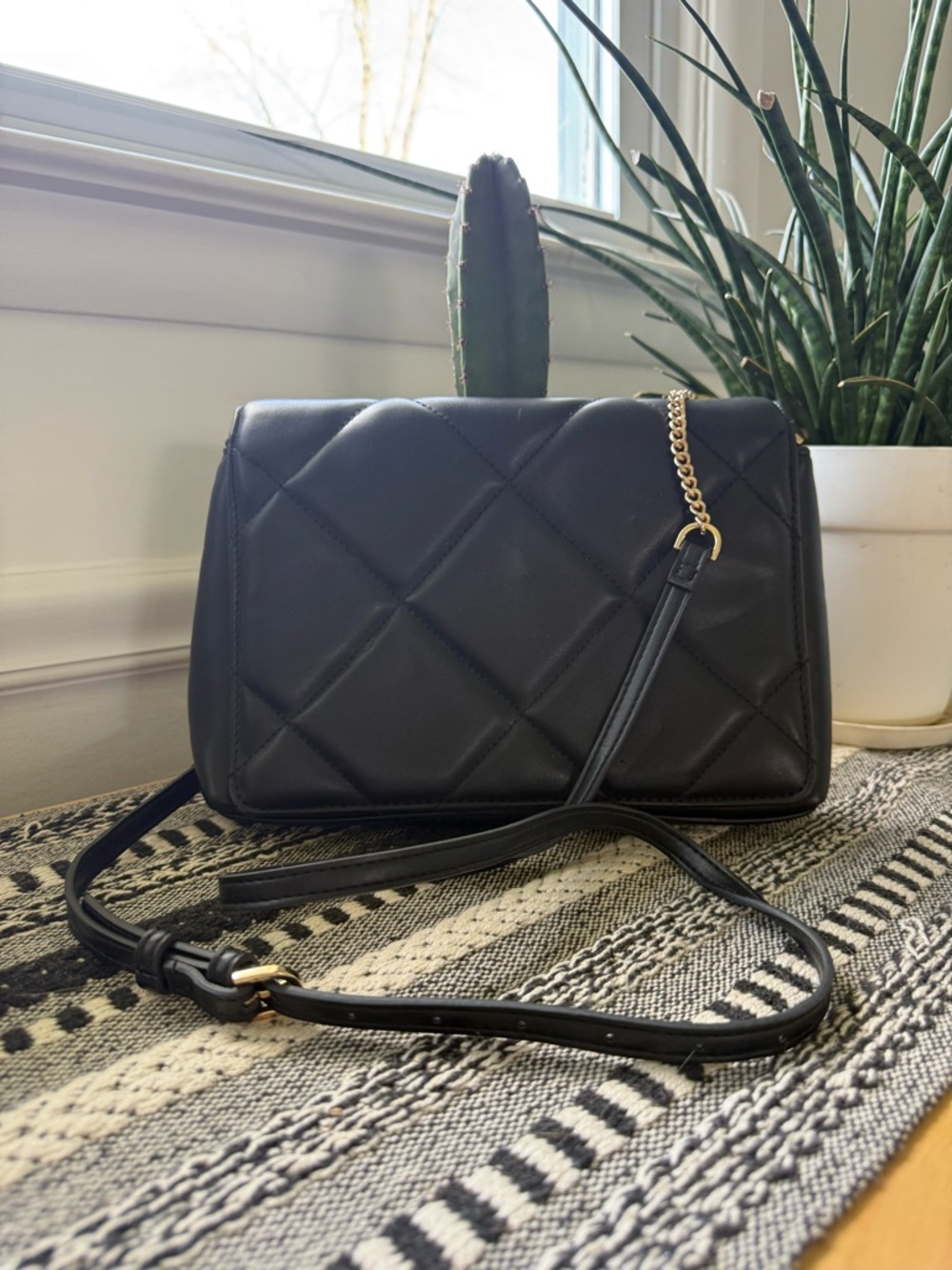 A New Day Quilted Black Crossbody Bag with Gold Chain Accent